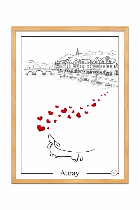 Affiche verticale « Auray » en trait noir sur fond blanc, avec front de mer, maisons alignées, pont à arches, bateaux, cœurs rouges et silhouette animale stylisée.