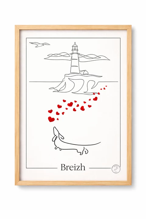 Affiche verticale en trait noir sur fond blanc, avec phare stylisé, mouette, ligne d’horizon, animal stylisé en bas, cœurs rouges et mot Breizh centré.