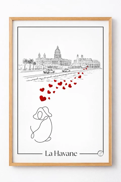 Affiche La Havane au trait noir : façades, coupoles, palmiers, voitures, chien stylisé et envolée de cœurs rouges.