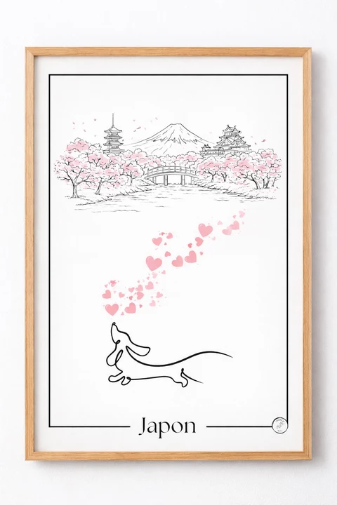 Affiche Japon au trait noir : montagne, pagode, pont, arbres fleuris roses et teckel esquissé, avec une envolée de pétales roses.