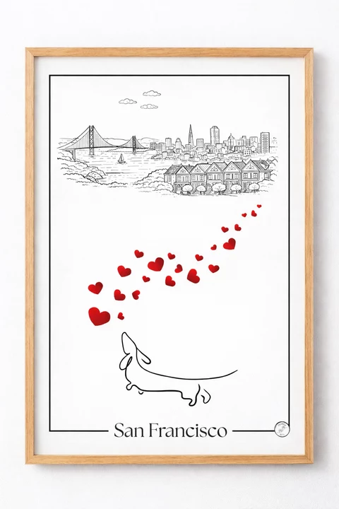 Affiche verticale minimaliste avec un paysage urbain de San Francisco en traits noirs en haut, une diagonale de petits cœurs rouges au centre, et un chien stylisé en bas.