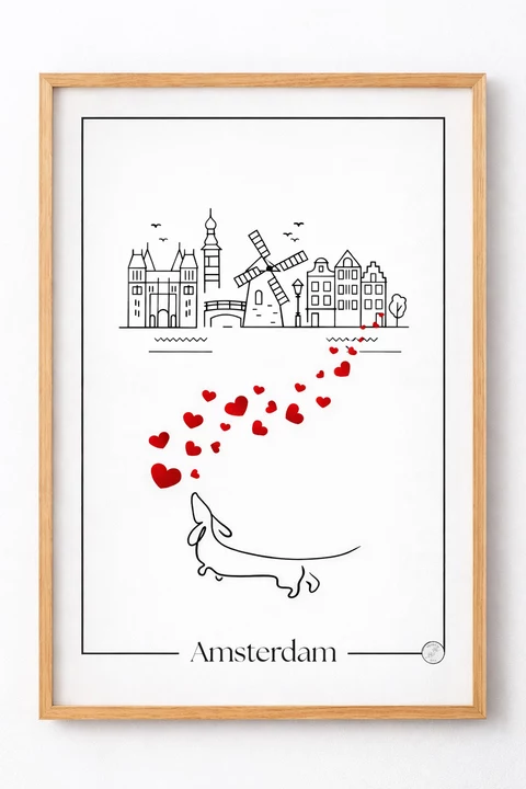 Affiche minimaliste Amsterdam sur fond blanc, en trait noir avec accents rouges, bâtiments stylisés, moulin, pont, oiseaux, animal dessiné et cœurs diagonaux.