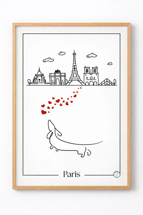 Affiche verticale minimaliste avec skyline parisienne stylisée en noir et blanc, grande tour au centre, arc de cœurs rouges, chien long et bas, mot Paris en bas.