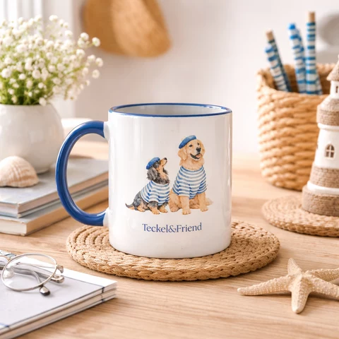 Mug blanc à anse bleue et liseré bleu, imprimé de deux chiens stylisés en marinière et béret, avec le texte Teckel&Friend.