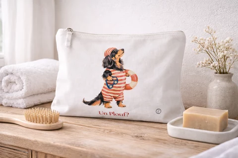 Trousse de toilette blanche avec illustration centrale d’un chien noir et fauve en tenue rayée rouge et blanche, bonnet assorti, accessoire bleu et flotteur orange et blanc, texte « Un Plouf? ».