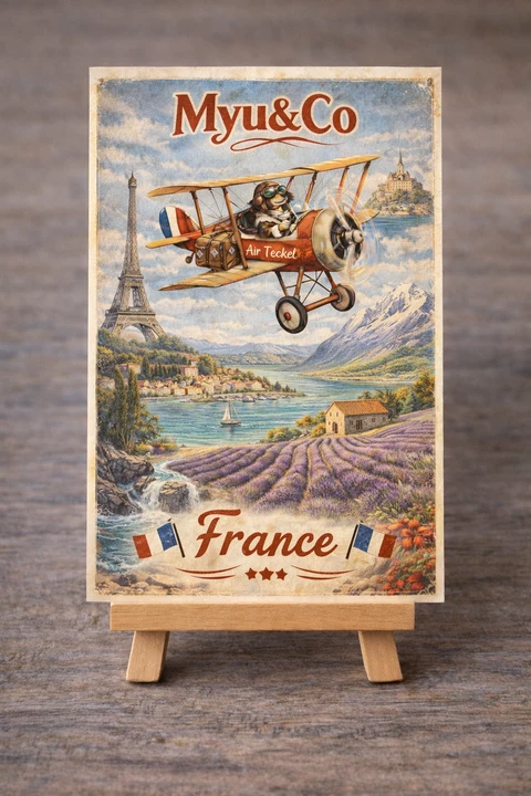 Carte illustrée verticale avec le mot France, un avion biplan au centre, des paysages français composites, un bord patiné et des drapeaux bleu-blanc-rouge.