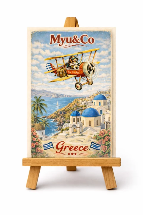 Carte verticale illustrée avec un biplan jaune dans un ciel nuageux, un paysage côtier grec, des maisons blanches, des coupoles bleues et deux petits drapeaux.