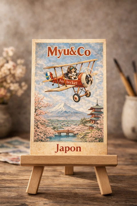 Carte verticale illustrée d’un biplan stylisé avec pilote caricatural, paysage du Japon, montagne enneigée, cerisiers, pont, eau et pagode.
