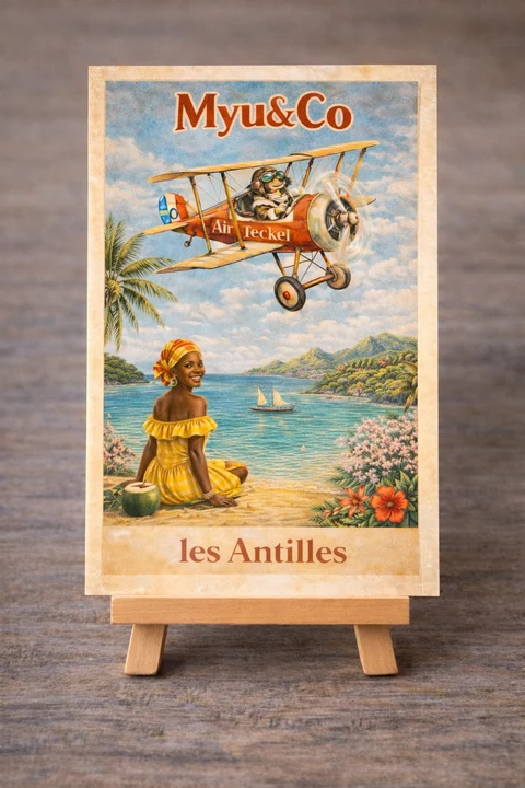 Carte illustrée verticale Les Antilles, avec cadre beige vieilli, biplan rouge-orangé, femme en jaune vichy, mer turquoise, palmier et fleurs tropicales.