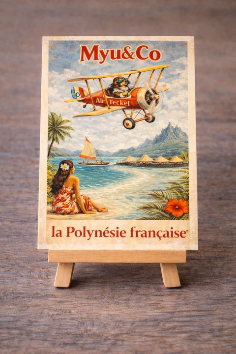 Carte verticale Myu&Co avec avion biplan rouge-orangé, pilote animalier stylisé, palmier, femme assise, voilier et texte « la Polynésie française ».