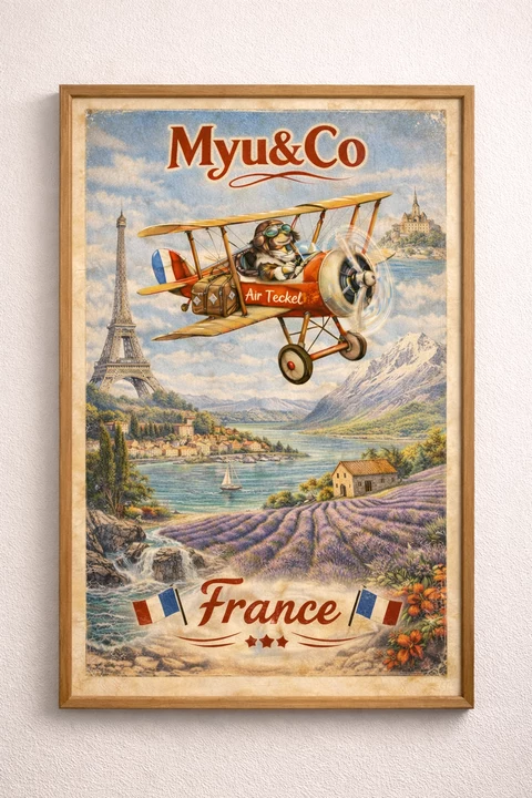 Affiche verticale illustrée avec un petit avion biplan, un pilote canin, lavande, montagnes, village stylisé et drapeau tricolore.