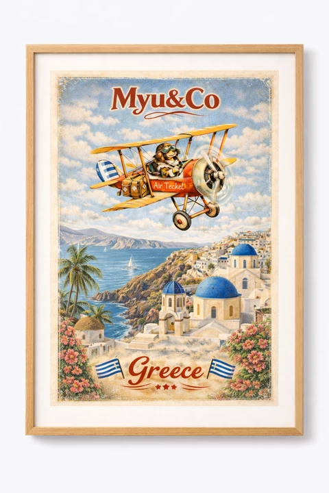 Affiche verticale illustrant un avion biplan avec un teckel pilote, au-dessus de maisons blanches, dômes bleus, côte rocheuse et mer, avec texte décoratif rouge.