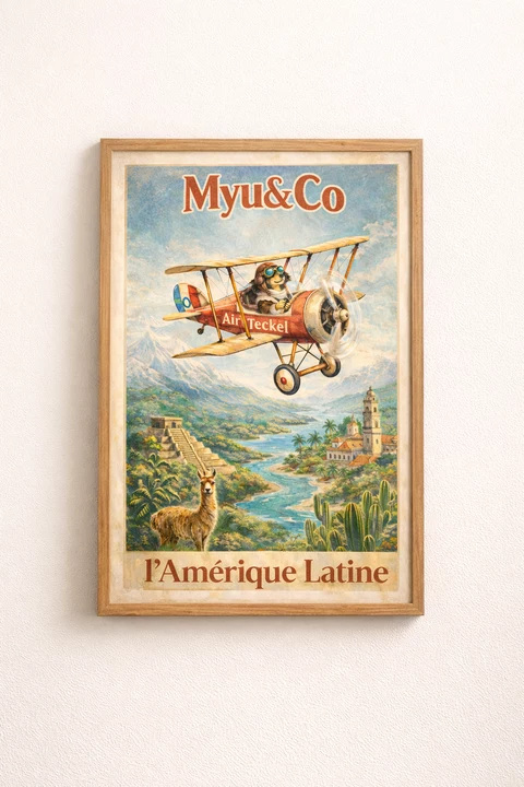 Affiche verticale montrant un biplan rouge et or, un pilote canin, un lama stylisé, une vallée avec rivière, montagnes, cactus et un temple stylisé.