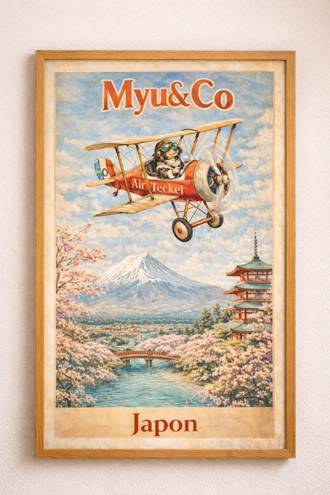 Affiche verticale illustrant un biplan rouge avec un pilote canin, devant des montagnes enneigées, une pagode, des arbres en fleurs roses et un ciel bleu pâle.