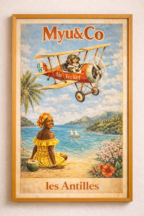 Affiche verticale illustrée avec un avion biplan rouge et jaune, une baie tropicale, des palmiers, une silhouette assise sur le sable et un voilier au centre.