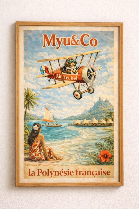 Affiche verticale illustrée d’un biplan rouge, d’une mer turquoise, de palmiers, d’une plage et d’une silhouette assise avec une fleur dans les cheveux.