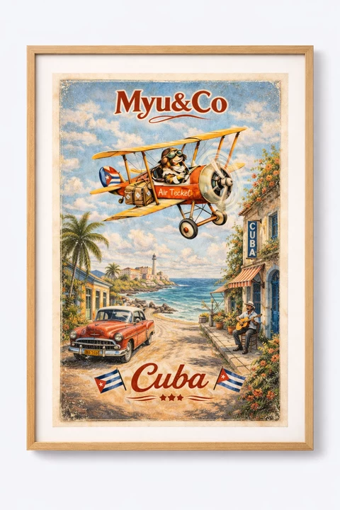 Affiche verticale illustrée Cuba, avec avion biplan jaune et orange, voiture rouge, drapeaux cubains, bord de mer et rue colorée.