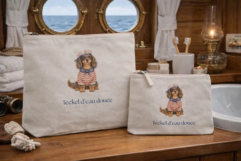 Pochette claire avec illustration centrée d’un petit chien en tenue de marin, motif aquarellé et texte Teckel d’eau douce sur la face avant.