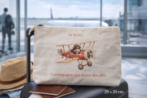 Pochette rectangulaire beige avec illustration d’un biplan rouge-orangé et d’un petit chien au pilotage, texte Air Teckel en haut.