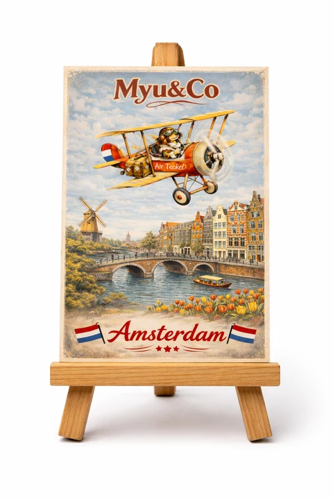 Carte verticale illustrée d’Amsterdam avec canal, pont de briques, façades colorées, moulin, petite embarcation, fleurs et avion ancien avec mascotte.