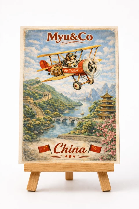 Carte verticale illustrée d’une montagne, d’une rivière, d’un pont, d’une muraille stylisée, d’une pagode et d’un biplan piloté par un teckel.