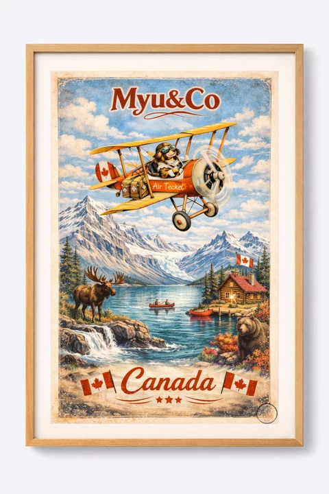 Affiche verticale illustrée d’un avion biplan piloté par un teckel, sur fond de montagnes, lac, forêt, chalet, animaux et drapeaux canadiens.