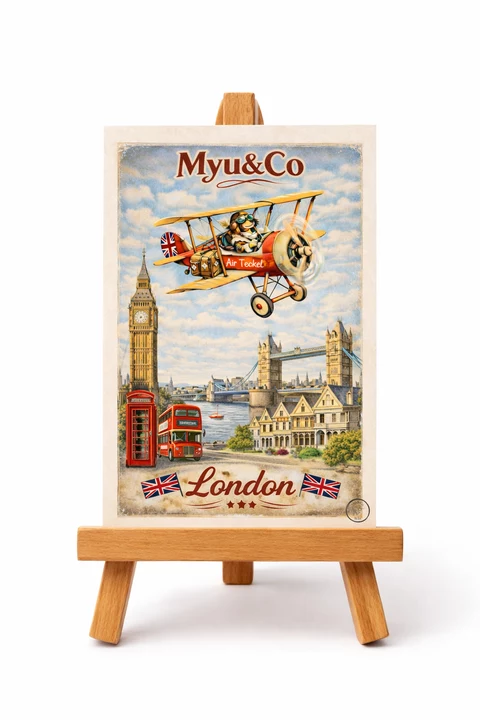 Carte illustrée de Londres avec tour horloge, pont à tours, cabine téléphonique rouge, bus à étage et biplan coloré piloté par un animal.