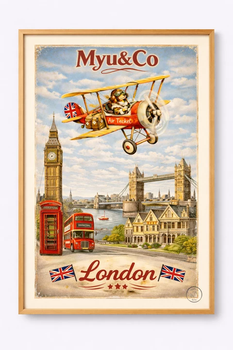 Affiche verticale illustrant Londres avec avion biplan rouge et jaune, teckel pilote, grande tour à horloge, pont à deux tours, cabine et bus rouges.