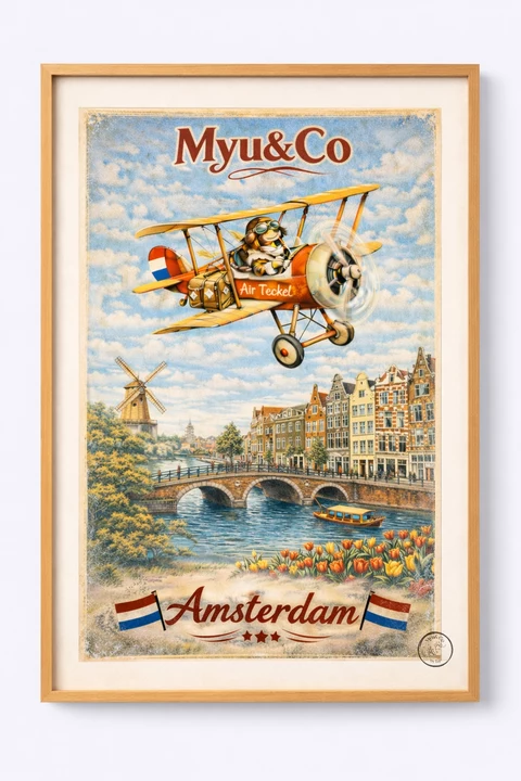 Affiche verticale illustrant Amsterdam avec un biplan jaune et rouge, un teckel pilote, un canal, un pont de pierre et des maisons colorées.