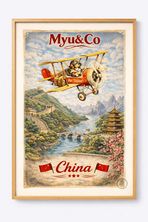 Affiche verticale montrant un biplan rouge et jaune avec une mascotte canine, un paysage inspiré de la Chine, un mur fortifié, un pont et une pagode.
