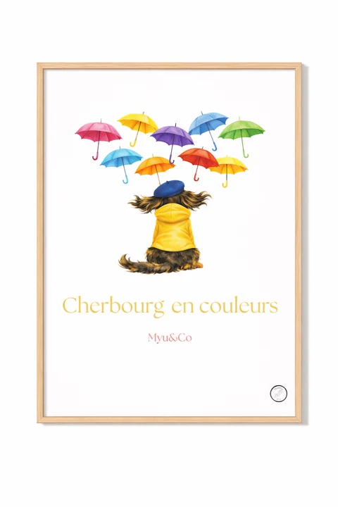 Affiche verticale montrant un personnage animal de dos, en vêtement jaune et couvre-chef bleu, sous neuf parapluies multicolores sur fond blanc, avec un titre doré en bas.