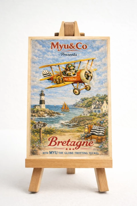 Carte illustrée de Bretagne avec phare, mer, maisons côtières, biplan stylisé et mascotte teckel, avec bagages et drapeau noir et blanc.