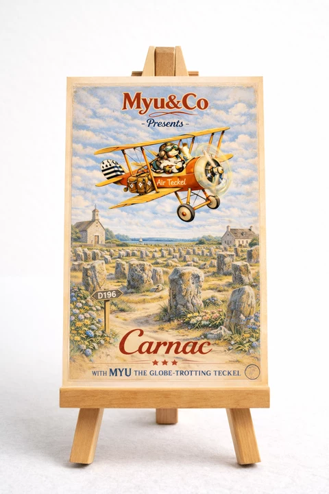 Carte Carnac de style rétro avec teckel pilote dans un biplan jaune, pierres dressées, campagne, maisons et ciel nuageux.