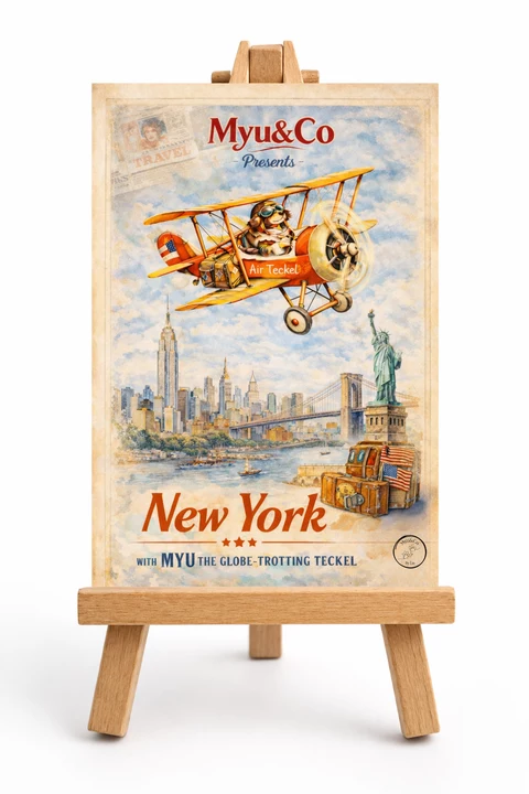 Illustration verticale de New York avec biplan stylisé, skyline, pont, statue et valises, dans une palette sépia, bleu ciel, orange et rouge.