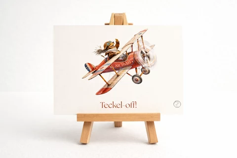 Carte illustrée d’un petit avion rouge rétro avec un personnage canin aux commandes et le texte Teckel-off en bas.