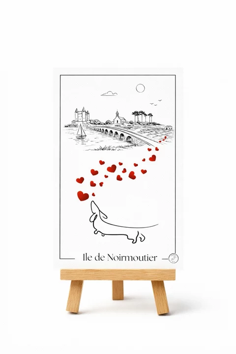 Carte verticale avec paysage côtier schématique en noir et blanc, cœurs rouges et silhouette de teckel en bas, avec la mention Ile de Noirmoutier.