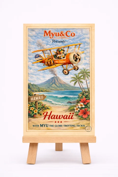 Carte illustrée de style rétro montrant un avion biplan orange et jaune avec une mascotte canine, sur fond tropical avec palmiers et titre Hawaii.