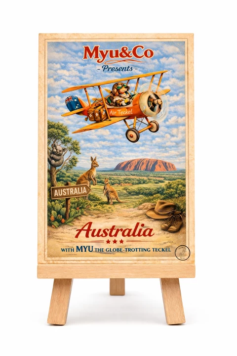 Carte illustrée de l’Australie avec un biplan orange, un teckel pilote, des kangourous, un koala, un grand rocher rouge et un cadre beige.