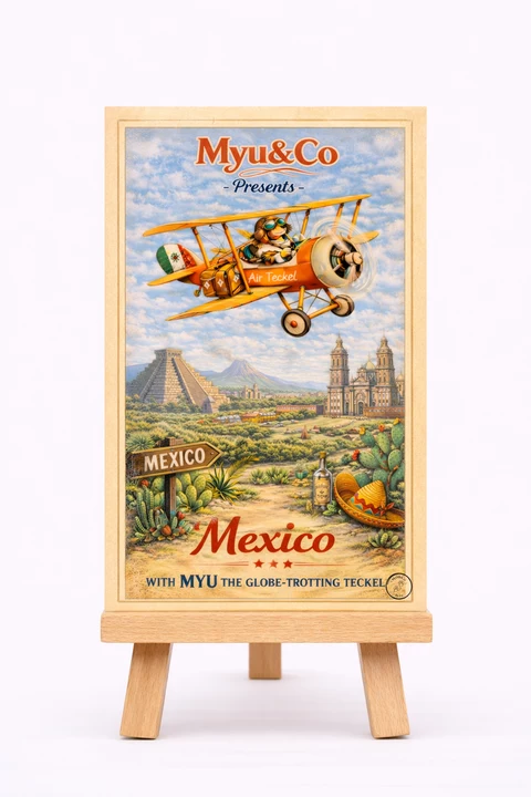 Carte illustrée Mexico avec biplan orange, teckel pilote, cactus, pyramide, montagne et façade stylisée, dans des tons chauds et bleus.