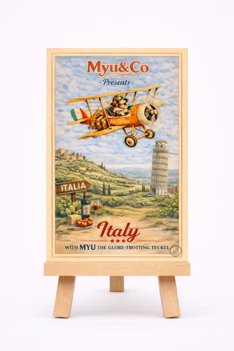 Carte illustrée d’un paysage italien avec collines, cyprès, tour penchée, avion orange Air Teckel, panneau Italia et détails gourmands.