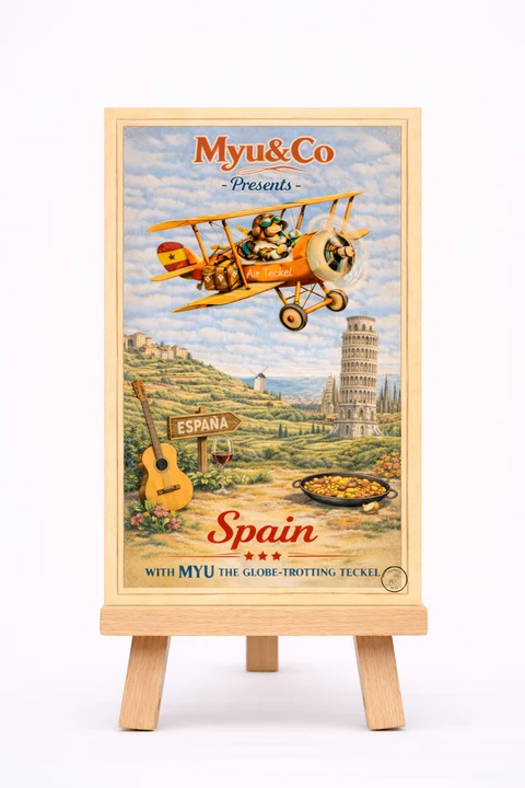 Carte illustrée verticale avec biplan orange, éléments évoquant l’Espagne, bordure beige et texte Spain en bas.