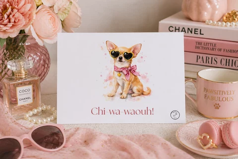 Carte horizontale avec un petit chien assis de face, lunettes en cœur, foulard rose et titre rose pâle. Composition centrée et sobre.