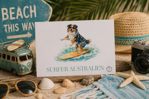 Carte illustrée d’un petit chien anthropomorphe sur une planche de surf, avec lunettes de soleil, short fleuri et éclaboussures turquoise sur fond blanc.