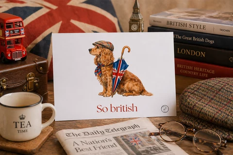 Carte avec un chien assis de profil gauche, casquette écossaise, nœud rayé bleu-rouge et parapluie aux couleurs britanniques, avec le texte So british.
