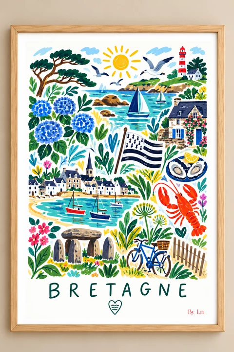 Affiche Bretagne avec hortensias bleus, drapeau breton, voiliers et homard rouge, présentée dans un cadre bois clair.