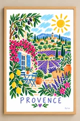 Affiche verticale illustrée d’un paysage provençal stylisé avec ciel bleu, soleil jaune, collines bleues, village perché, lavande, oliviers, citrons et fleurs colorées.