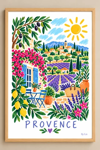 Affiche verticale illustrée d’un paysage provençal stylisé avec ciel bleu, soleil jaune, collines bleues, village perché, lavande, oliviers, citrons et fleurs colorées.