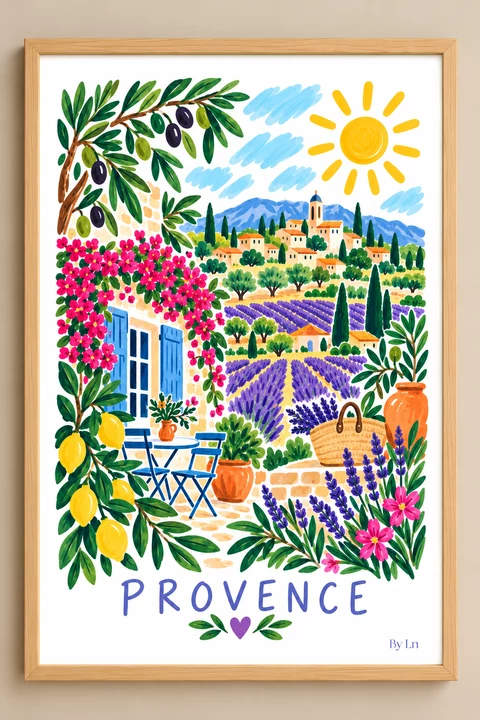 Affiche verticale illustrée d’un paysage provençal stylisé avec ciel bleu, soleil jaune, collines bleues, village perché, lavande, oliviers, citrons et fleurs colorées.