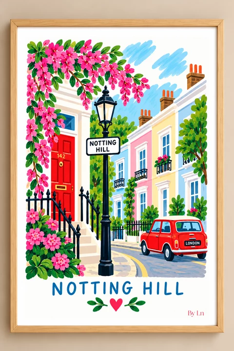 Affiche Notting Hill avec façades pastel, fleurs roses, réverbère et voiture rouge, présentée dans un cadre bois clair.