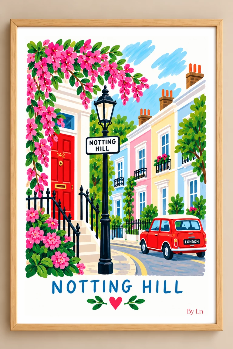 Affiche Notting Hill avec façades pastel, fleurs roses, réverbère et voiture rouge, présentée dans un cadre bois clair.